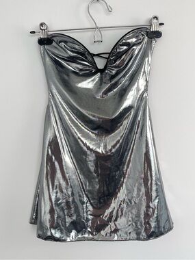 THATSSOFETCH Nebula Strapless Mini Dress in Gun Metal Metallic Silver Size 2 NWT
